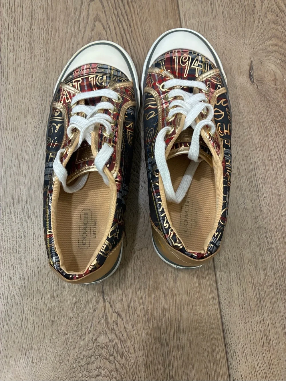 Coach Barrett plaid graffiti gold metallic low top sneakers